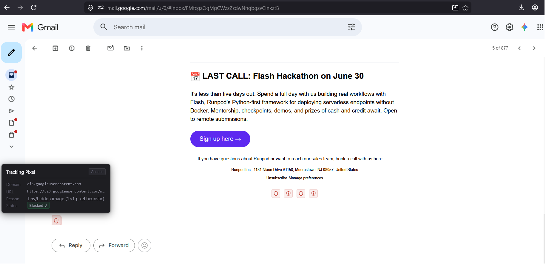 TrackBlock popup showing blocked trackers